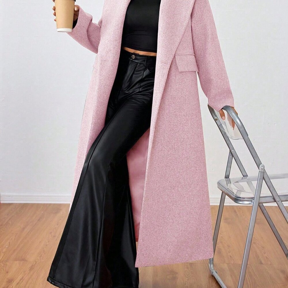 Baby Pink Casual Women's Lapel Long Coat - Picture 4 of 6